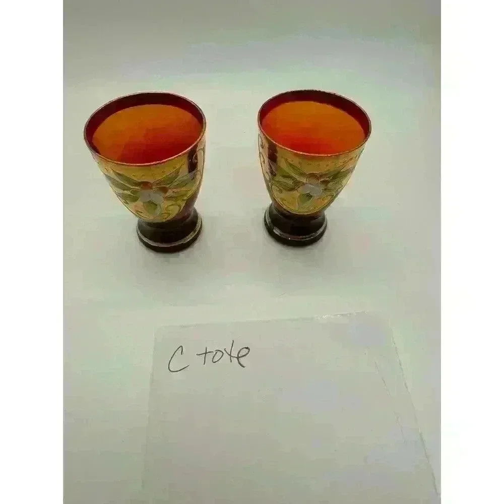 MCM Vintage Cranberry Shot Glasses set of Two Hand Painted Gold Band Beautiful